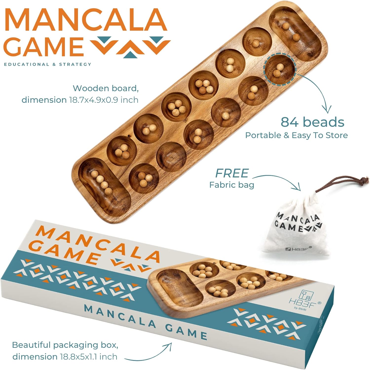 BSIRI Mancala Wooden Board Game - Entertainment for Family, Adults, Teens, Kids. Ideal for Game Night, Drinking. Play with 2 or More People in All Ages