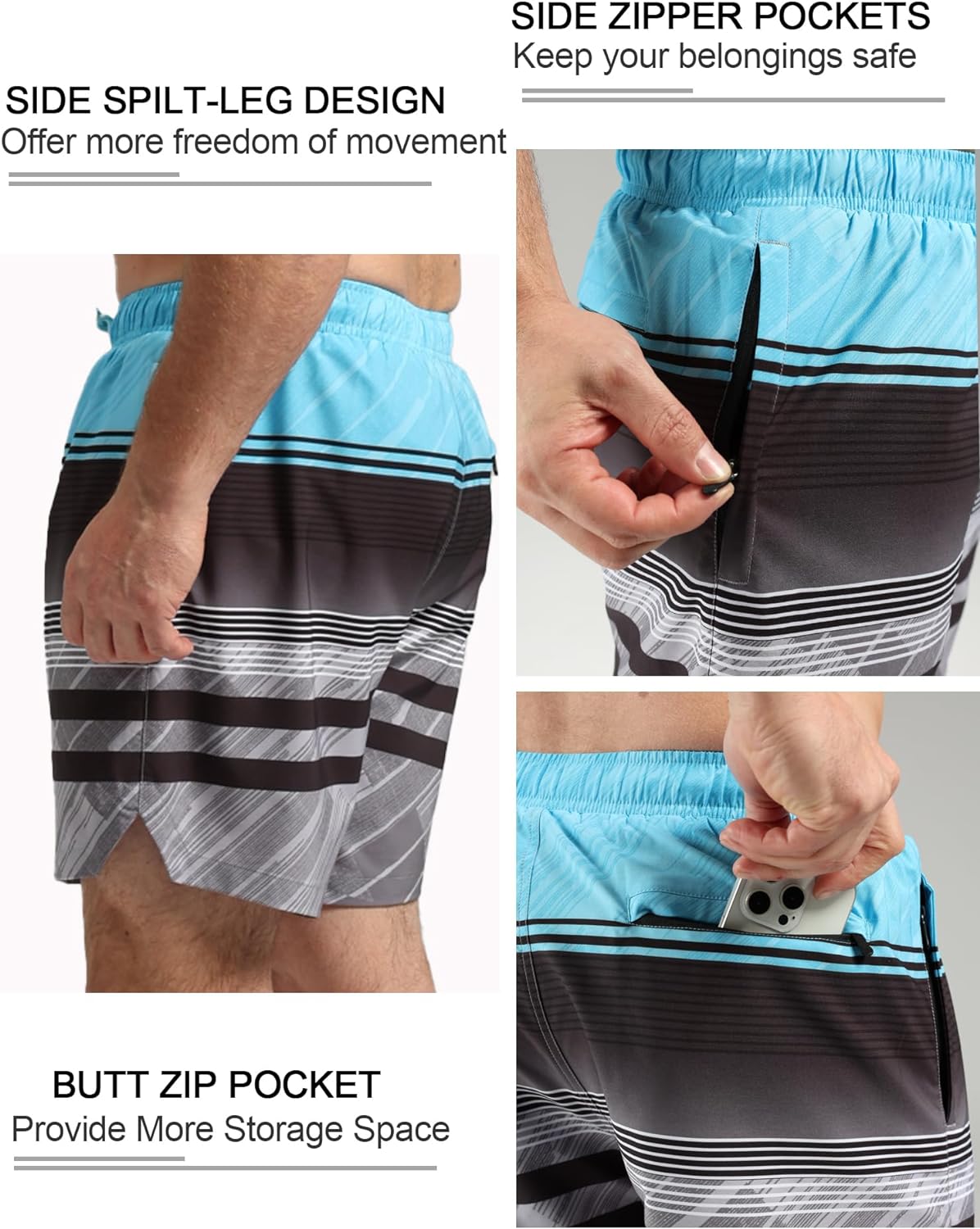 SILKWORLD Mens Swim Trunks Quick Dry Bathing Suit Board Swimming Shorts with Zipper Pockets and Compression Liner