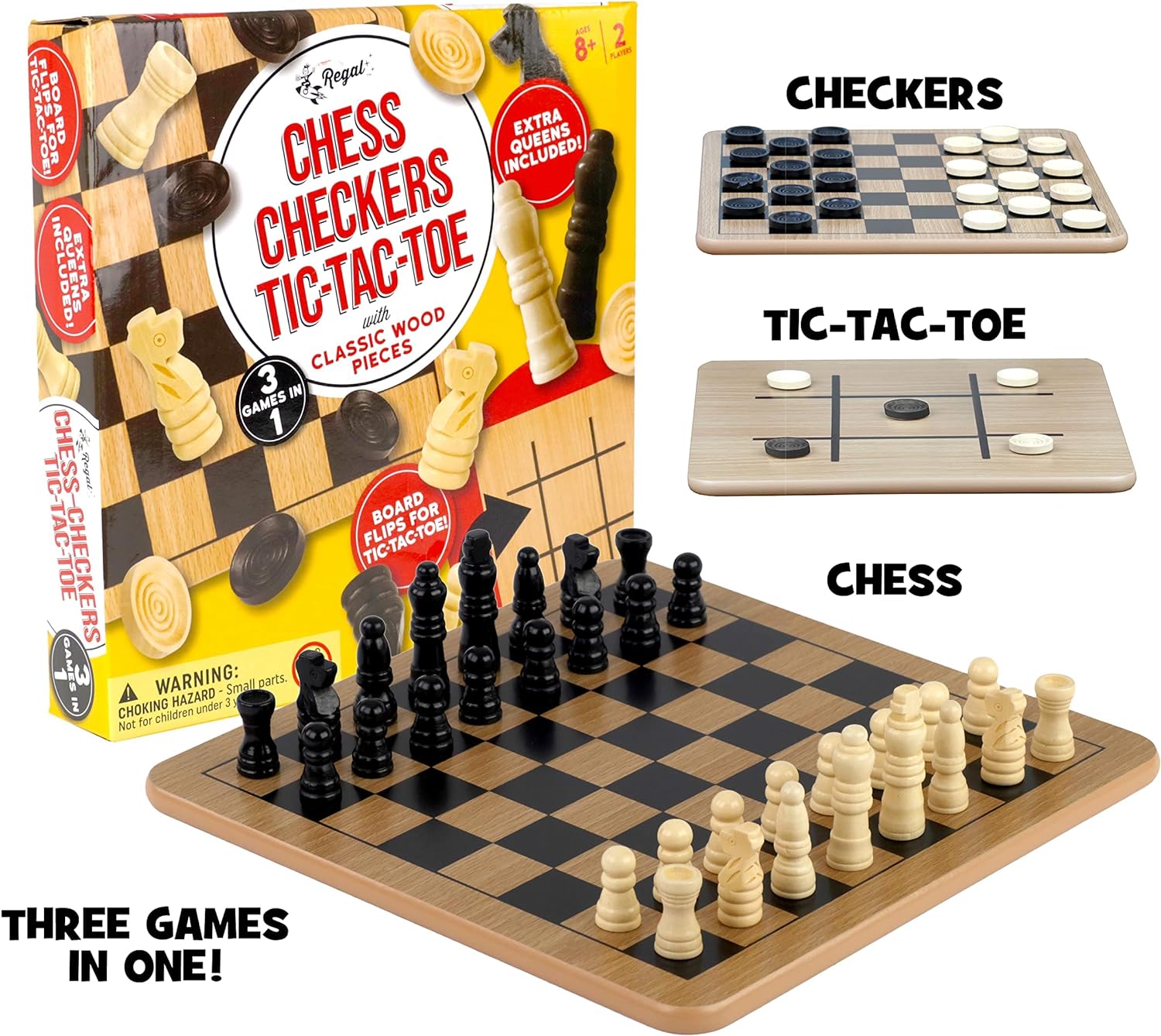 Regal Games - Reversible Wooden Board for Chess, Checkers & Tic-Tac-Toe - 24 Interlocking Wooden Checkers and 32 Standard Chess Pieces - for Age 8 to Adult for Family Fun