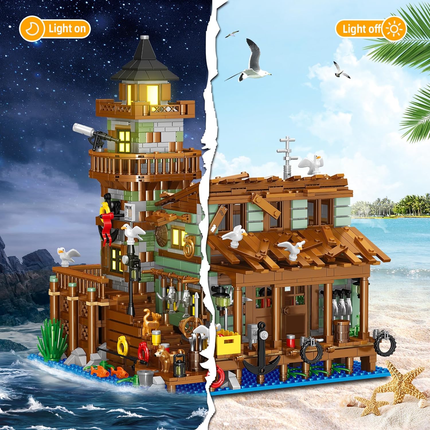 Fishing Village Store House Building Set with LED Light, 1881 PCS Wood Cabin Mini Building Block, STEM Architecture Toys Kit, Birthday Gift for Adults Ages 8-12+ Years（Not Compatible with Set ）