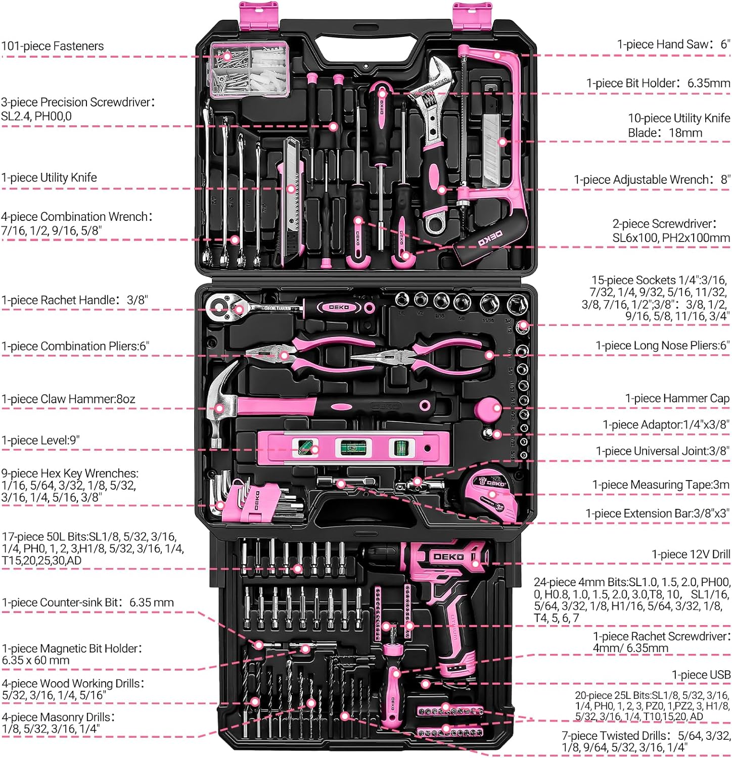 Pink Tool Kit Box Drill Set：DEKOPRO Home Mechanic Toolbox with 12V Power Cordless Drill Hand Repair Tools Sets Combo Kits Storage Organizer Drawer Case for Women