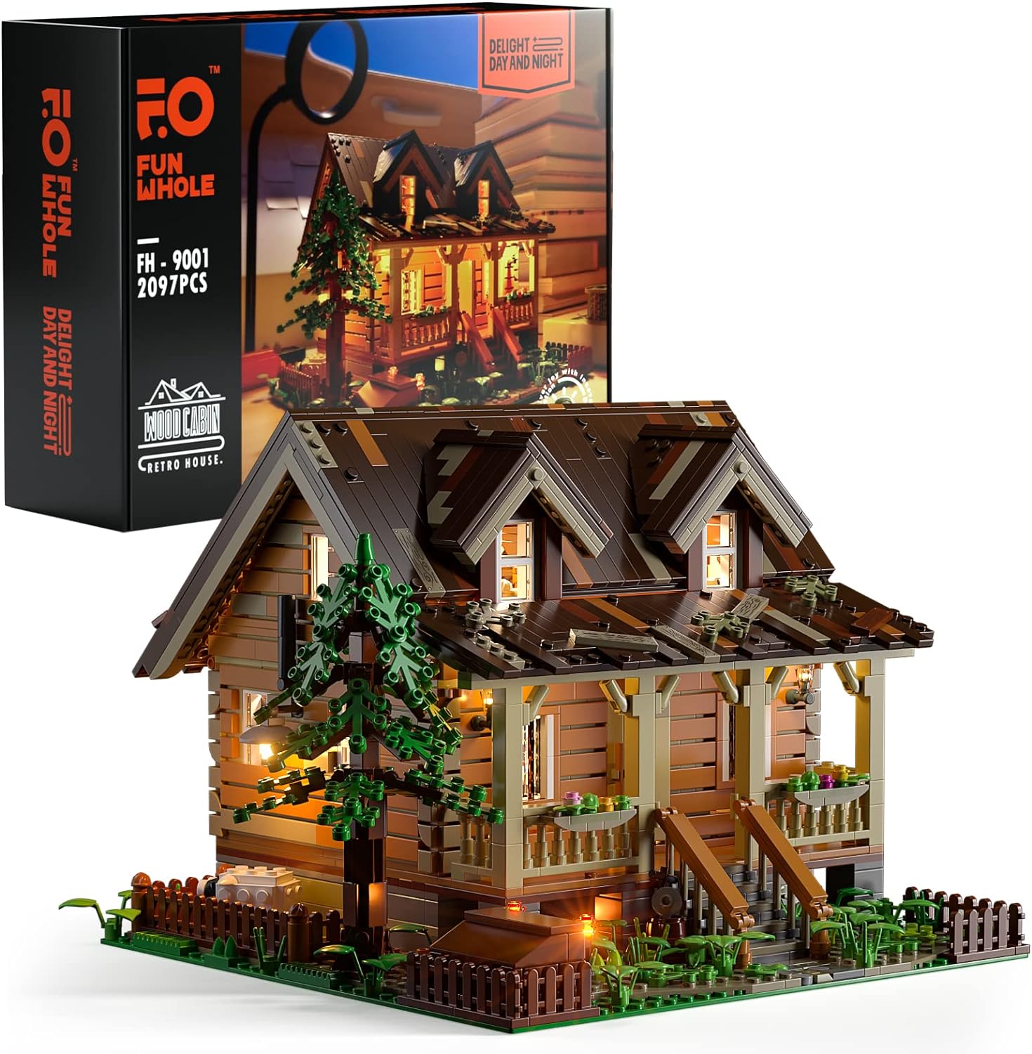 Funwhole Wood-Cabin Building Set with LED Lights - Construction Building Model Set 2097 PCS for Teen and Adults with LED Lighting Kit