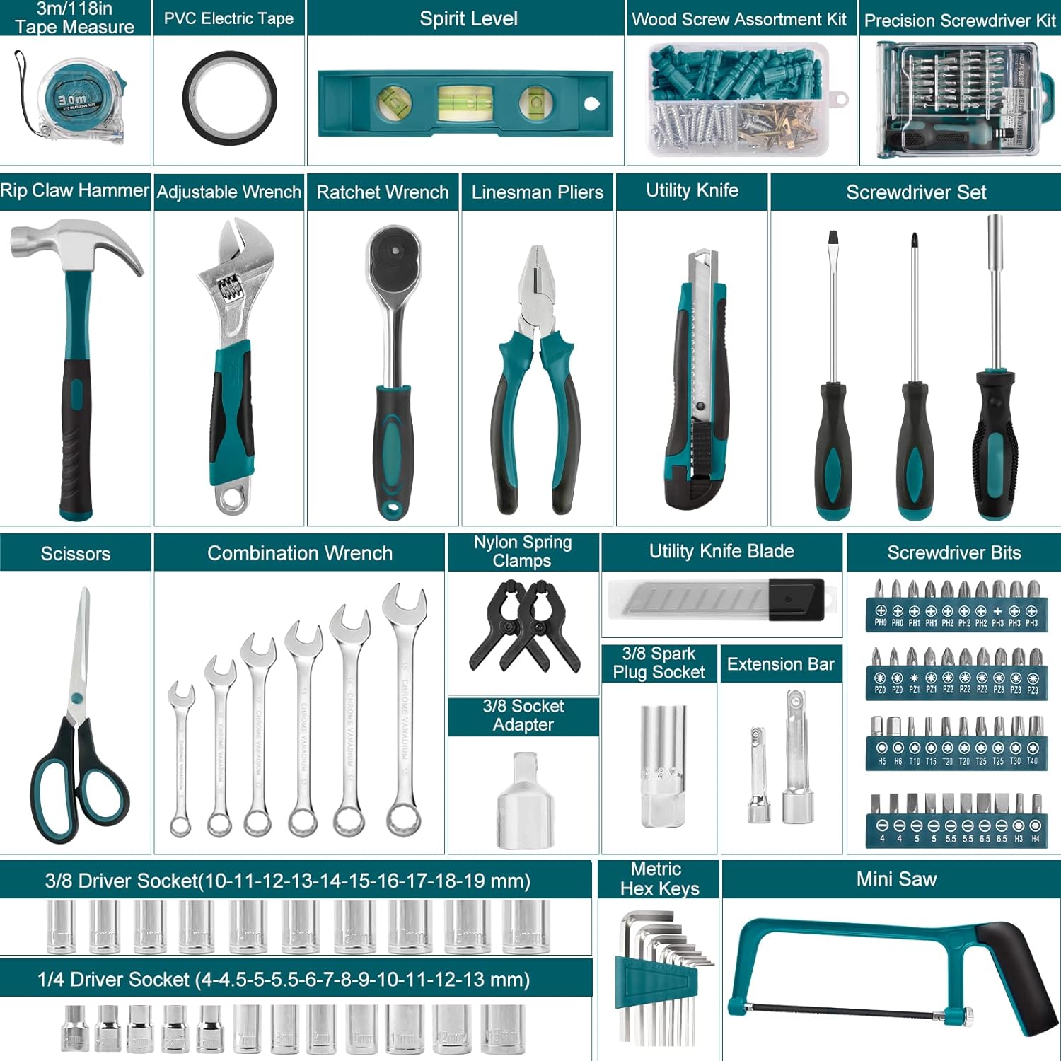 Sundpey Home Tool Kit 257-PCs - Household Basic Repair Tool Set for Men Women - General Hand Mechanic's Tool Set & Screwdriver Set & Wrench Set & Socket & Portable Tool Box Storage Case Blue