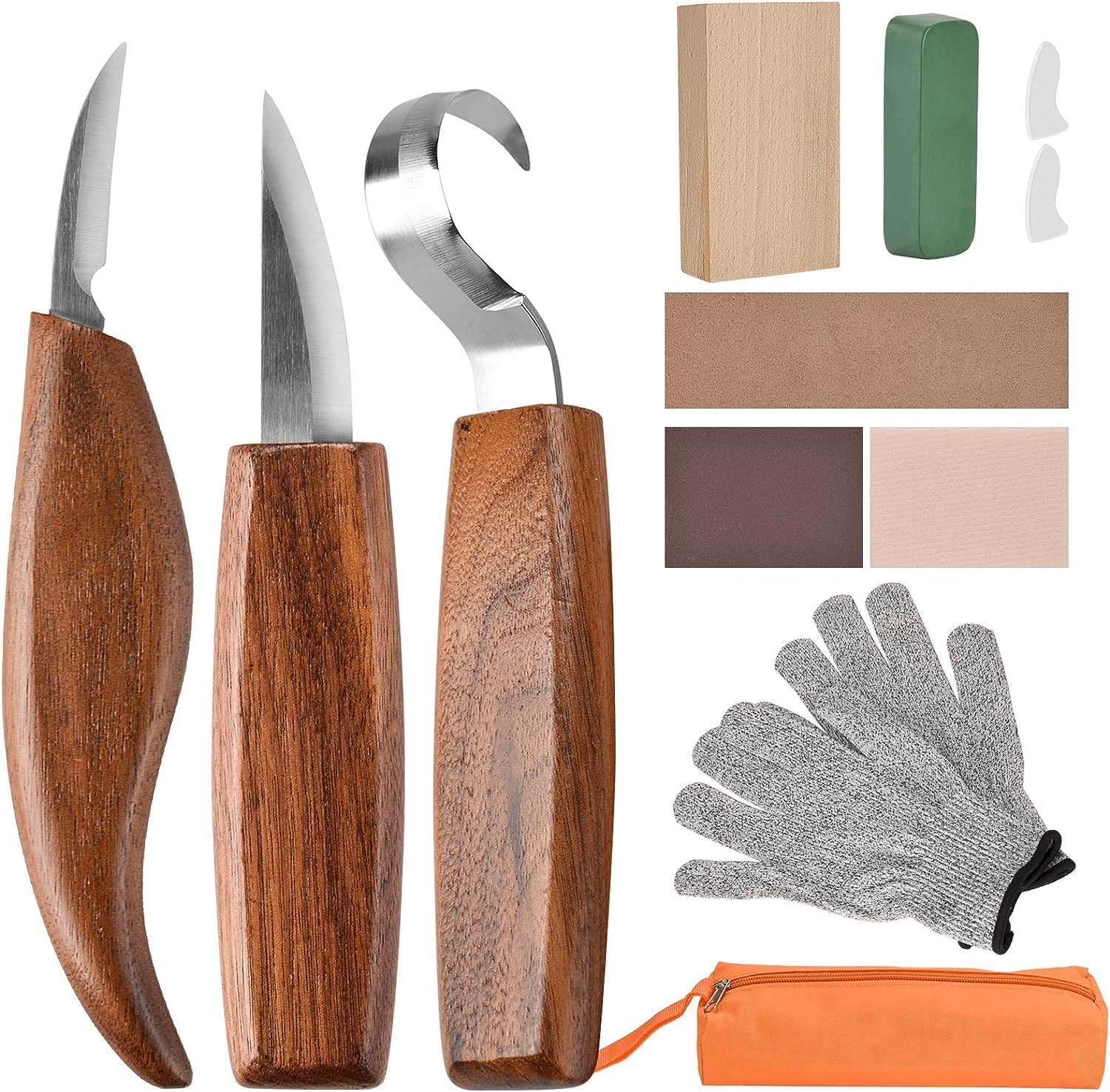 Wood Carving Tools, 13 in 1 Wood Carving Kit with Carving Hook Knife, Wood Whittling Knife, Chip Carving Knife, Gloves, Carving Knife Sharpener for Spoon, Bowl, Kuksa Cup, Beginners Woodworking