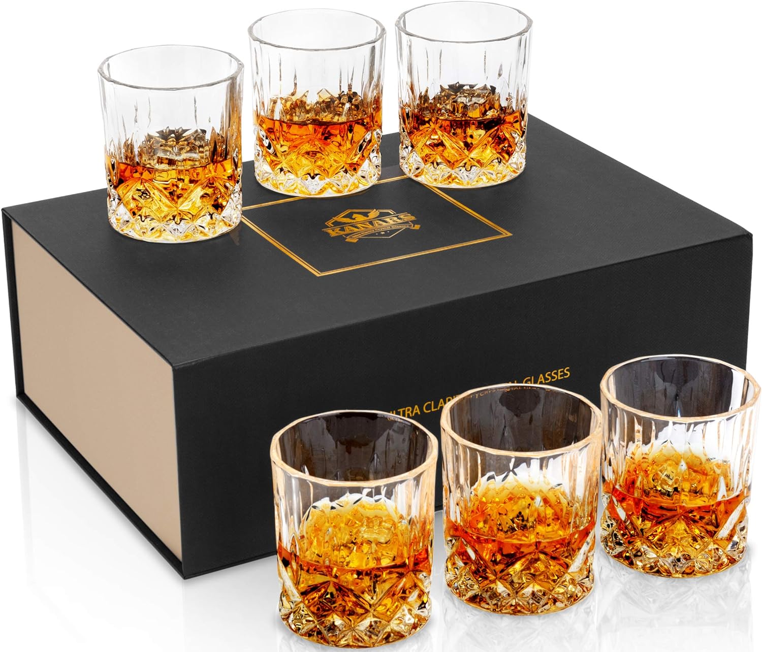 KANARS Whiskey Glasses Set of 6 with Elegant Gift Box,10 Oz Premium Old Fashioned Crystal Glass Tumbler for Liquor, Scotch, Cocktail or Bourbon Drinking, Gifts for Birthday Retirement Valentines Day