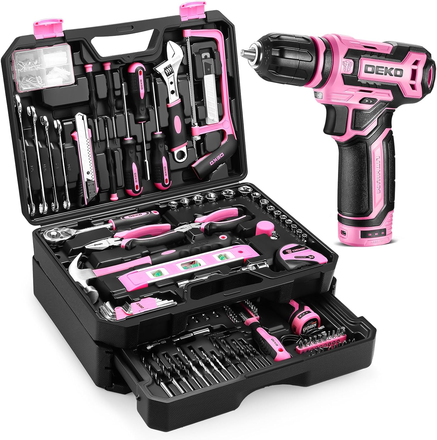 Pink Tool Kit Box Drill Set：DEKOPRO Home Mechanic Toolbox with 12V Power Cordless Drill Hand Repair Tools Sets Combo Kits Storage Organizer Drawer Case for Women