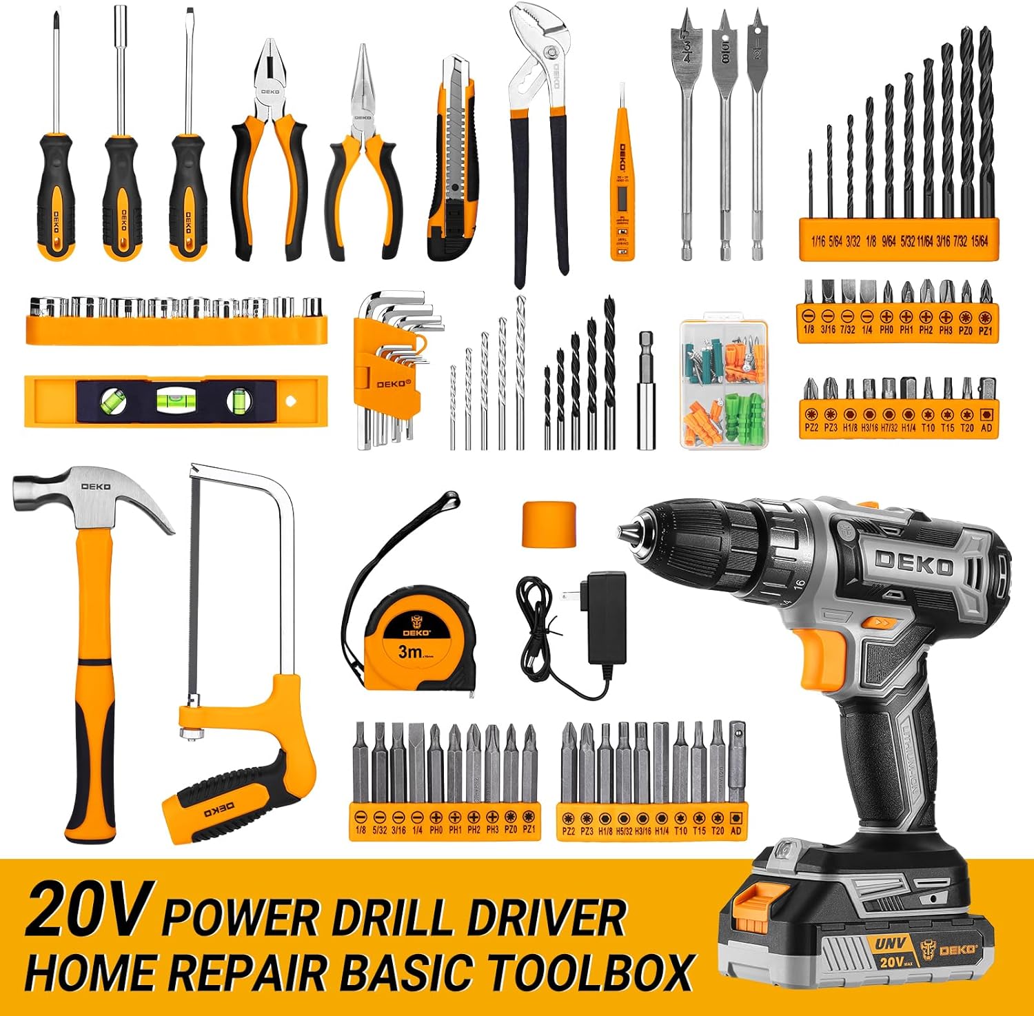 Cordless Drill Tool Kit Set: 20V Power Drill Tool Box with Battery Electric Drill Driver for Men Home Hand Repair Basic Toolbox Tools Sets Drills Case