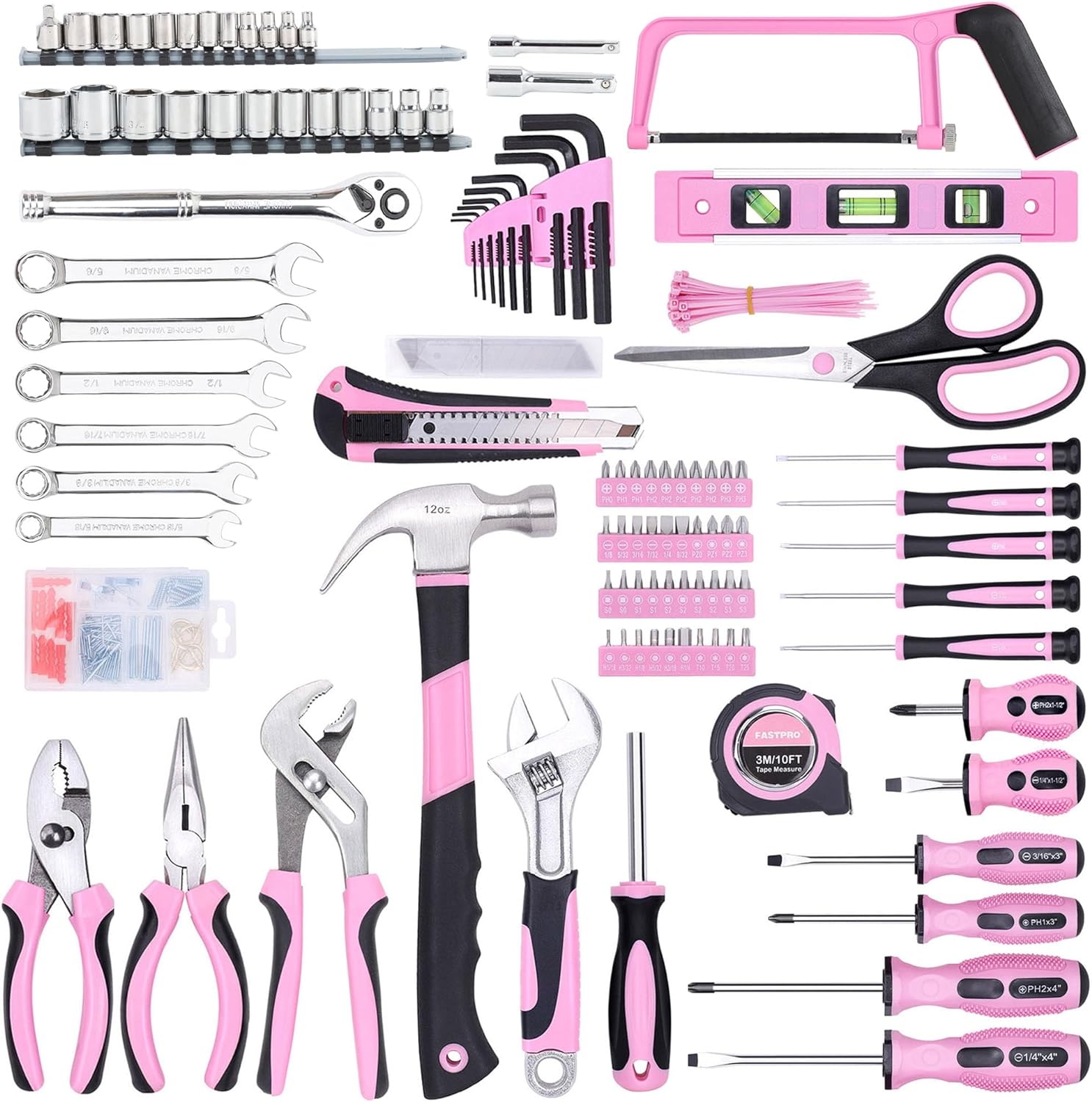 FASTPRO 267-Piece Pink Tool Set, Home Repairing Tool Kit with 13-Inch Wide Mouth Open Tool Bag, Mechanics Hand Tool Kit for DIY, Home Maintenance