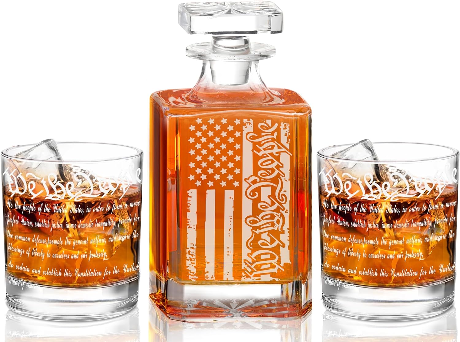 Whiskey Decanter Engraved We The People American Flag Decanter Set with 2 Glasses for Liquor Scotch Bourbon or Wine, Father's Day Patriotic Gift