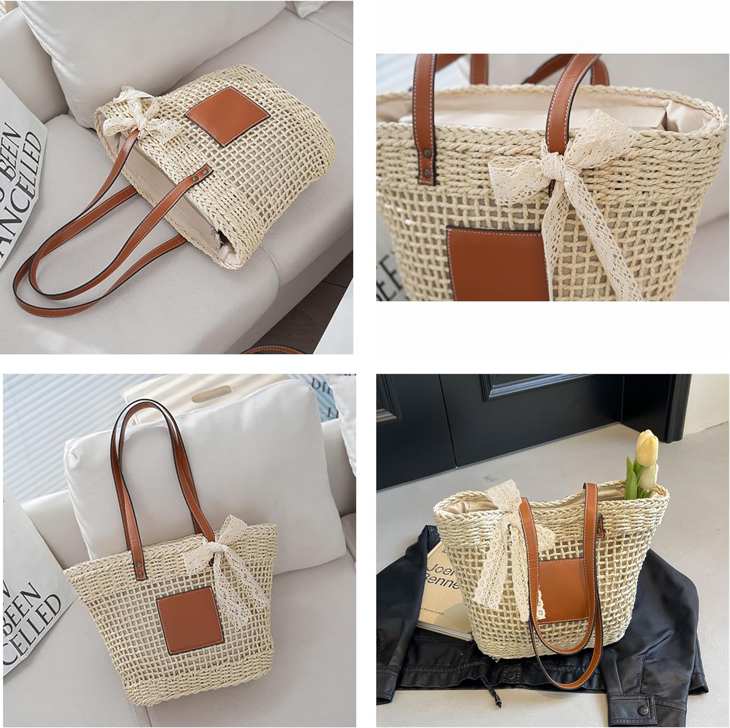 Straw Bag Women Straw Beach Bag Hand-woven Shoulder Hobo Bags Vacation Purse Straw Purse for Summer for Travel 2024 (White)