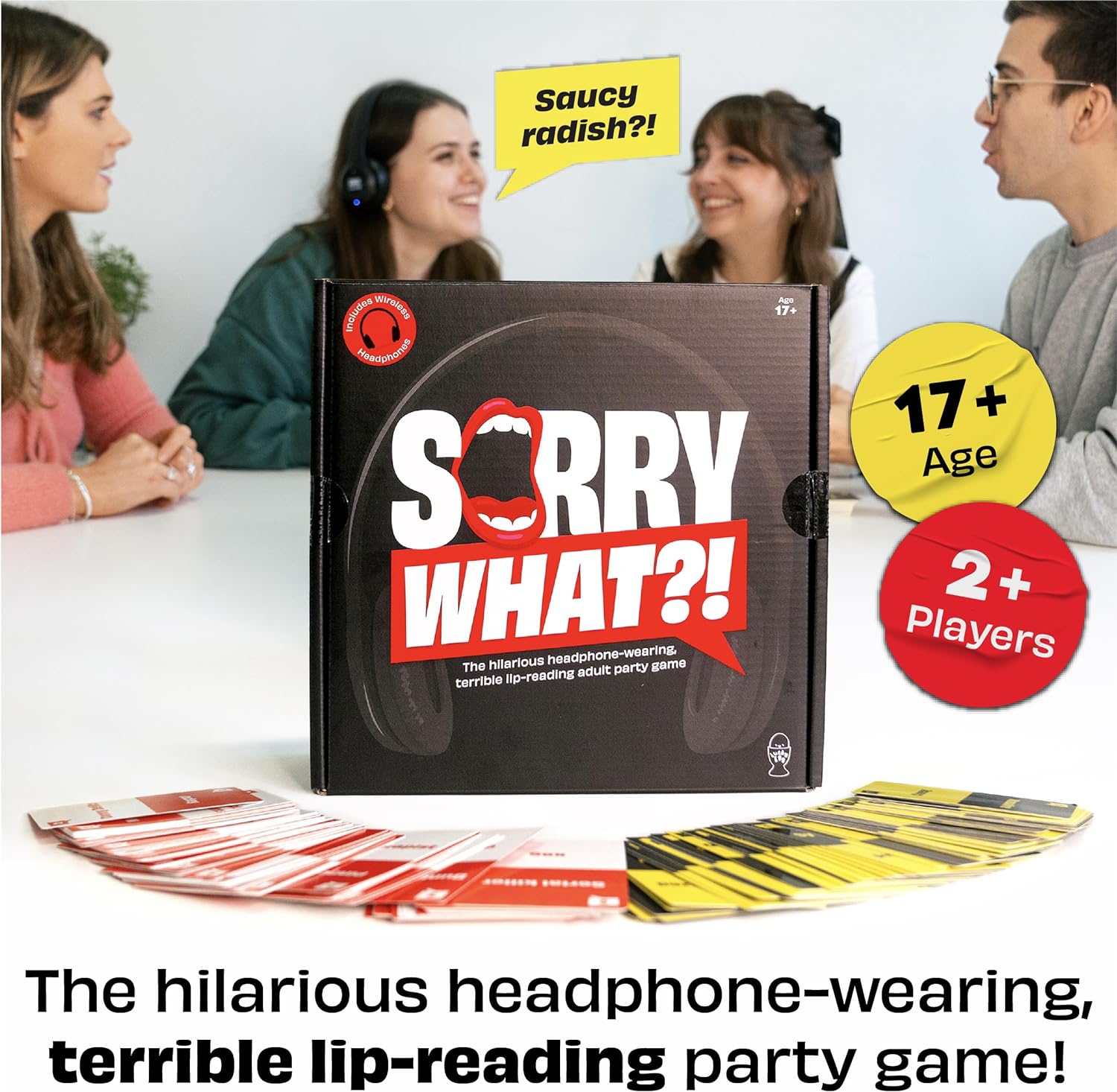 Sorry What - Hilarious Terrible Lip Reading Adult Party Game - Based On The Headphone Challenge TikTok Trend - 2+ Players 40,000 Funny Word Phrase Combinations - Card Game for Adults, Birthday Gifts