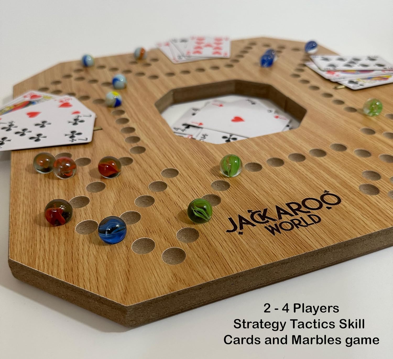 Jackaroo Board Game - Strategy, Competitive, Fun 2-4 Player Marbles and Card Game for Family, Friends, Kids & Adults - Classic Original Game - Wooden Board Foldable and Open in The Middle (Oak)