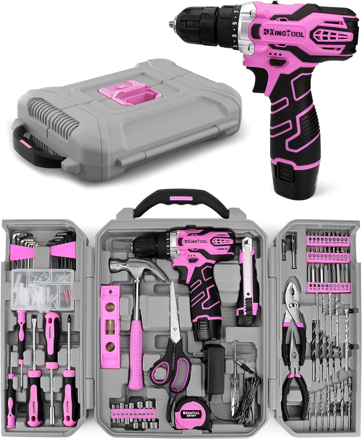 KingTool Home Tool Kit Set - 219 Pieces Pink Tool Kit with 12V Max Power Cordless Drill, Tool Kit for Women, Household Tool Set Kit with Power Drill for Home Office Garden Repair