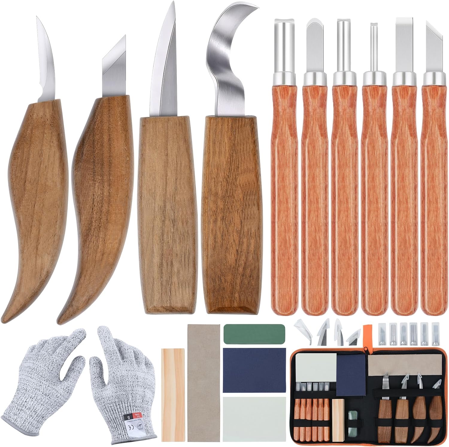 Ninonly 17Pcs Wood Carving Tools, Wood Carving Kit for Beginner, Wood Whittling Kit with 6Pcs Carbon Steel Wood Carving Knife, Gloves Wood Carving Set Knife Sharpener for Spoon Bowl Kuksa Cup