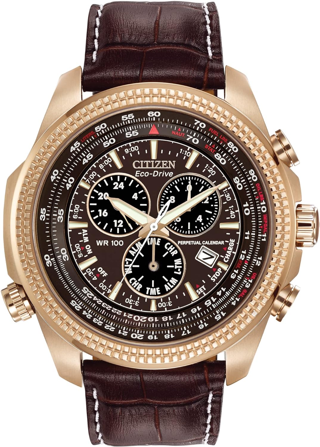 Citizen Men's Eco-Drive Weekender Brycen Chronograph Watch in Gold-tone Stainless Steel, Brown Leather strap (Model: BL5403-03X)