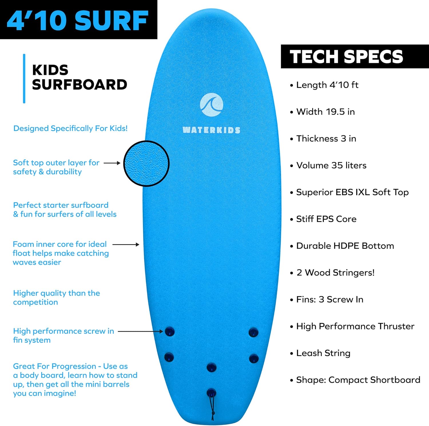 4'10 Kids Surfboard & Leash, Perfect for Learning How to Surf, Made for Kids, Soft Top Surfboard for Beginners with Foam Core, Use As Body Board, Easy to Catch Waves & Learn How to Surf