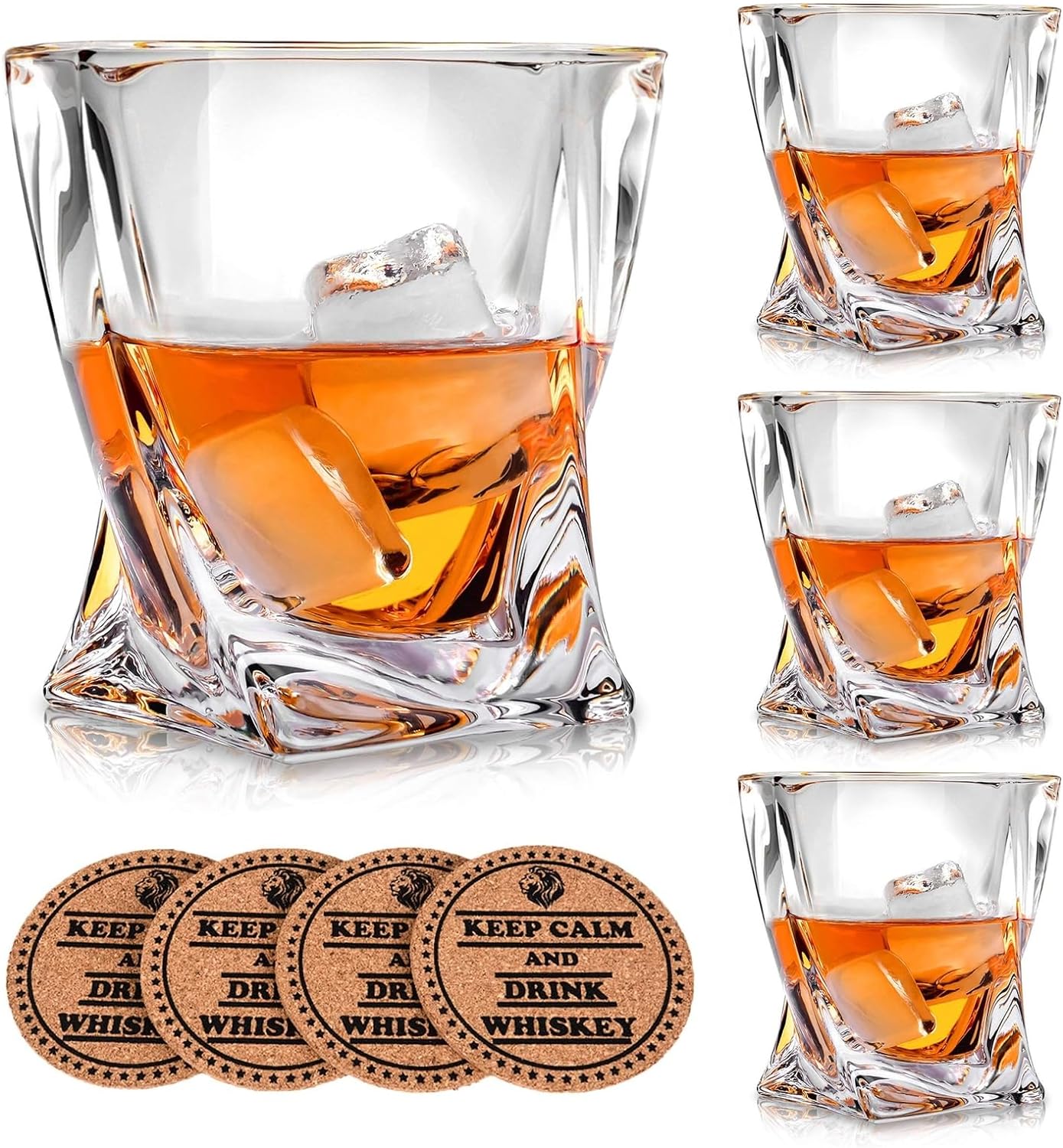 Crystal Whiskey Glasses - Set of 4 - with 4 Drink Coasters, Crystal Scotch Glass, Malt or Bourbon, Glassware Set