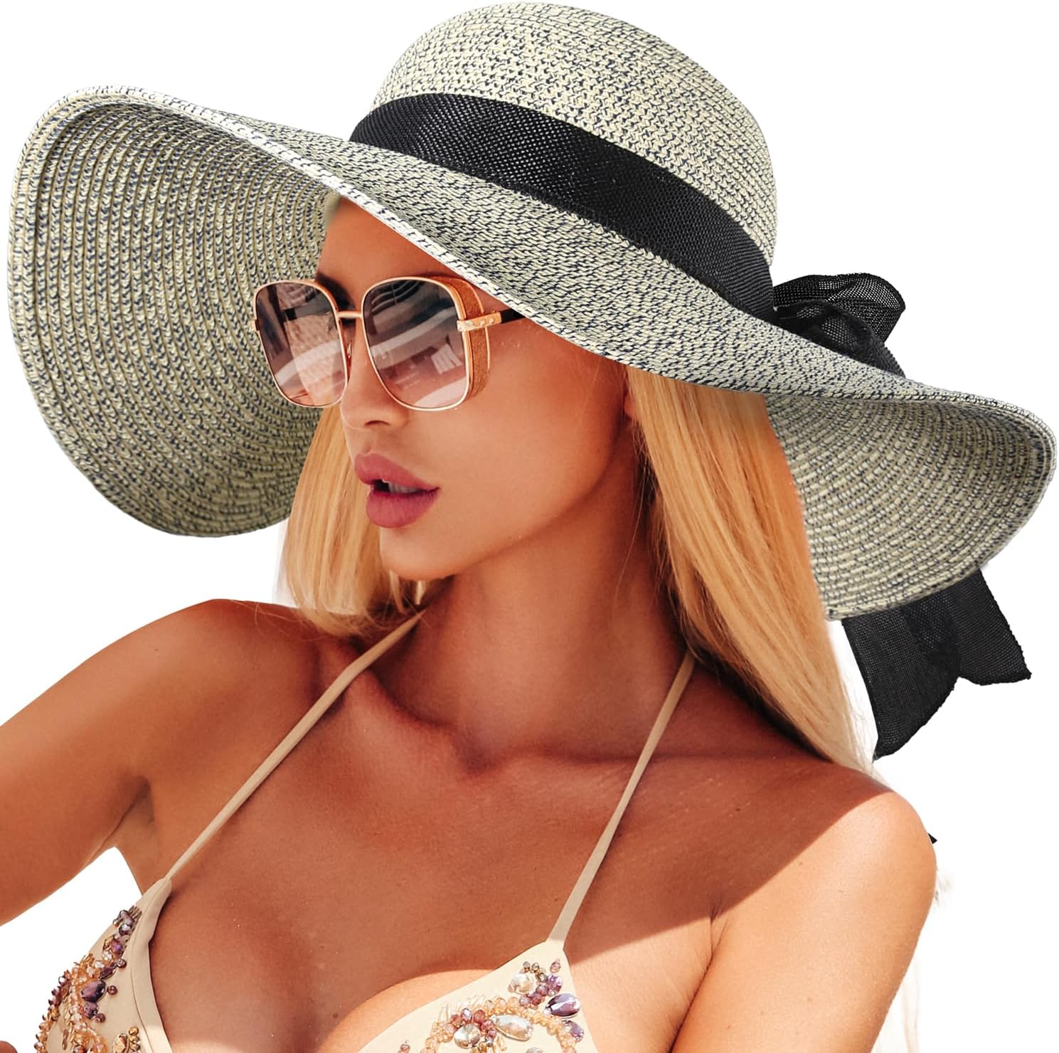 Beach Hats for Women, Straw Sun Hat with Wide Brim, Summer Floppy Beach Hats for Women, Packable Floppy Straw Garden Hat