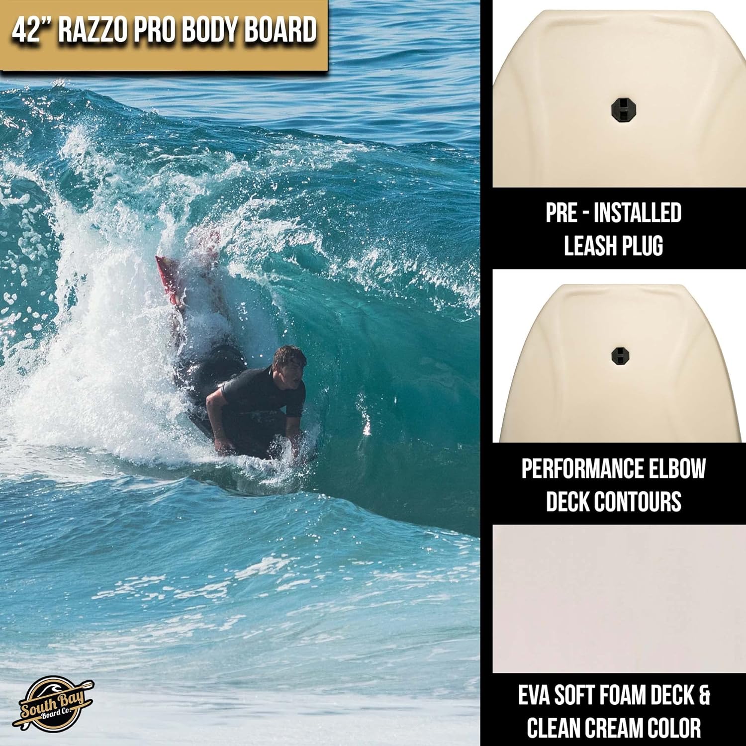 South Bay Board Co. - 42" Razzo Bodyboard - Best Premium Body Board for Kids & Adults - Durable, Lightweight EPS Core - Smooth EVA Foam Top Deck & HDPE Impact Netting Plastic Bottom Deck