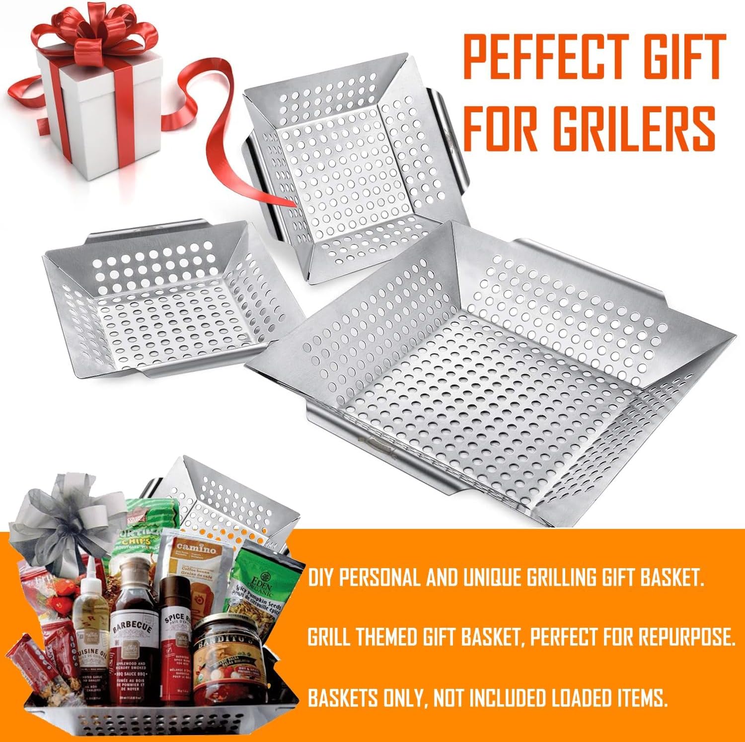 3 Pack Grill Baskets for Outdoor Grill, Heavy Duty Stainless Steel Vegetable Grill Basket, Grilling Basket for Veggies, Grilling Accessories for All Grills & Smokers - Grilling Gifts for Men