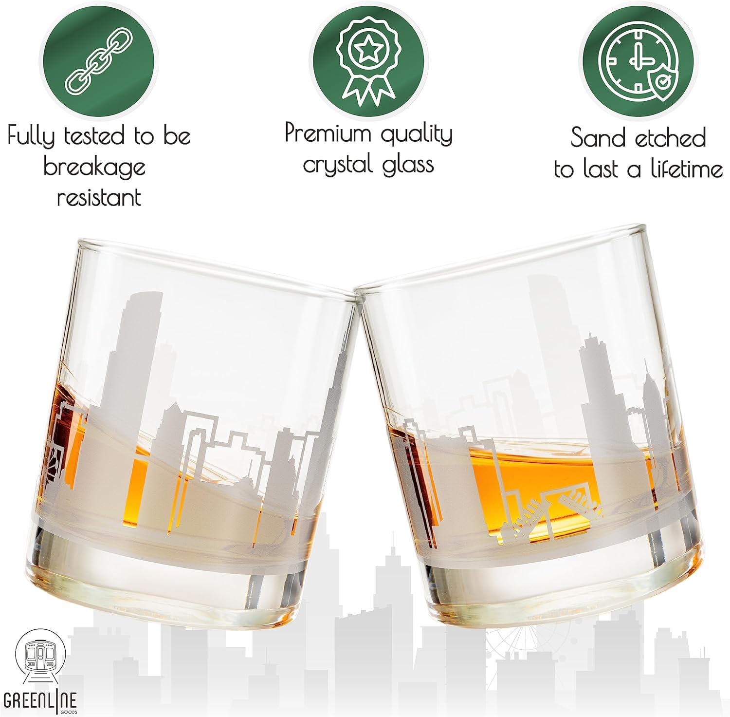 Greenline Goods Skyline Etched Chicago Whiskey Glasses Gift (Set of 2) | Old Fashioned Tumbler – For Chicago Lovers - Windy City Accessories and Souvenirs - Illinois Glassware Decor