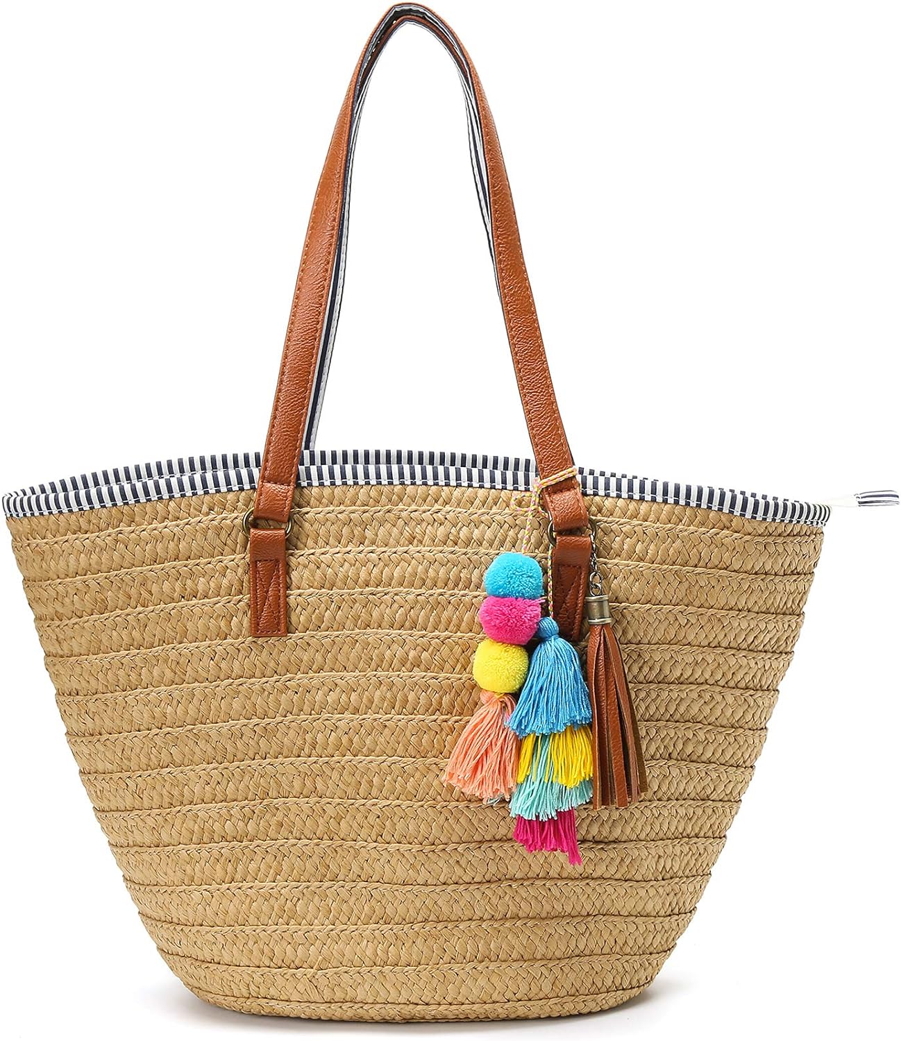 Epsion Straw Beach Bags Tote Tassels Bag Hobo Summer Handwoven Shoulder Bags Purse With Pom Poms