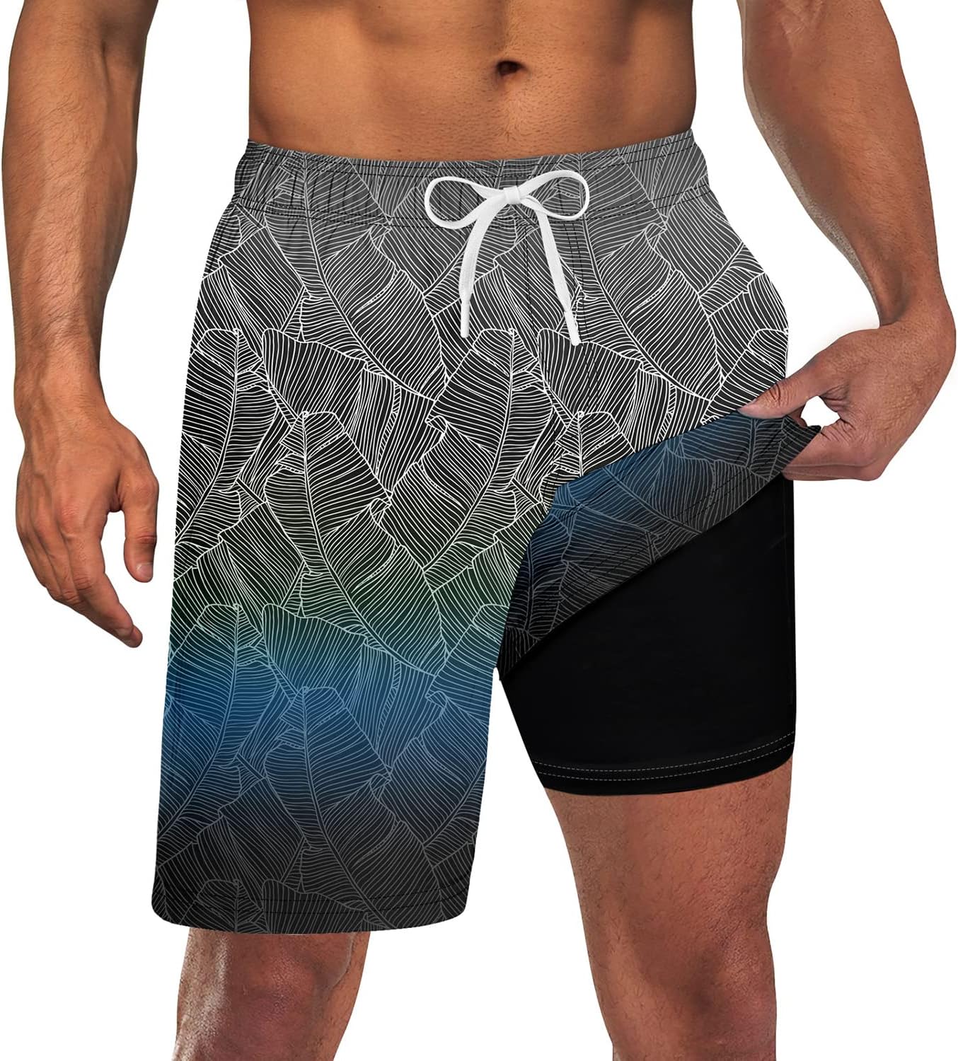 Goodstoworld Men's Funny Swim Trunks with Compression Liner 2 in 1 Quick-Dry 9" Stretch Shorts with Three Pockets