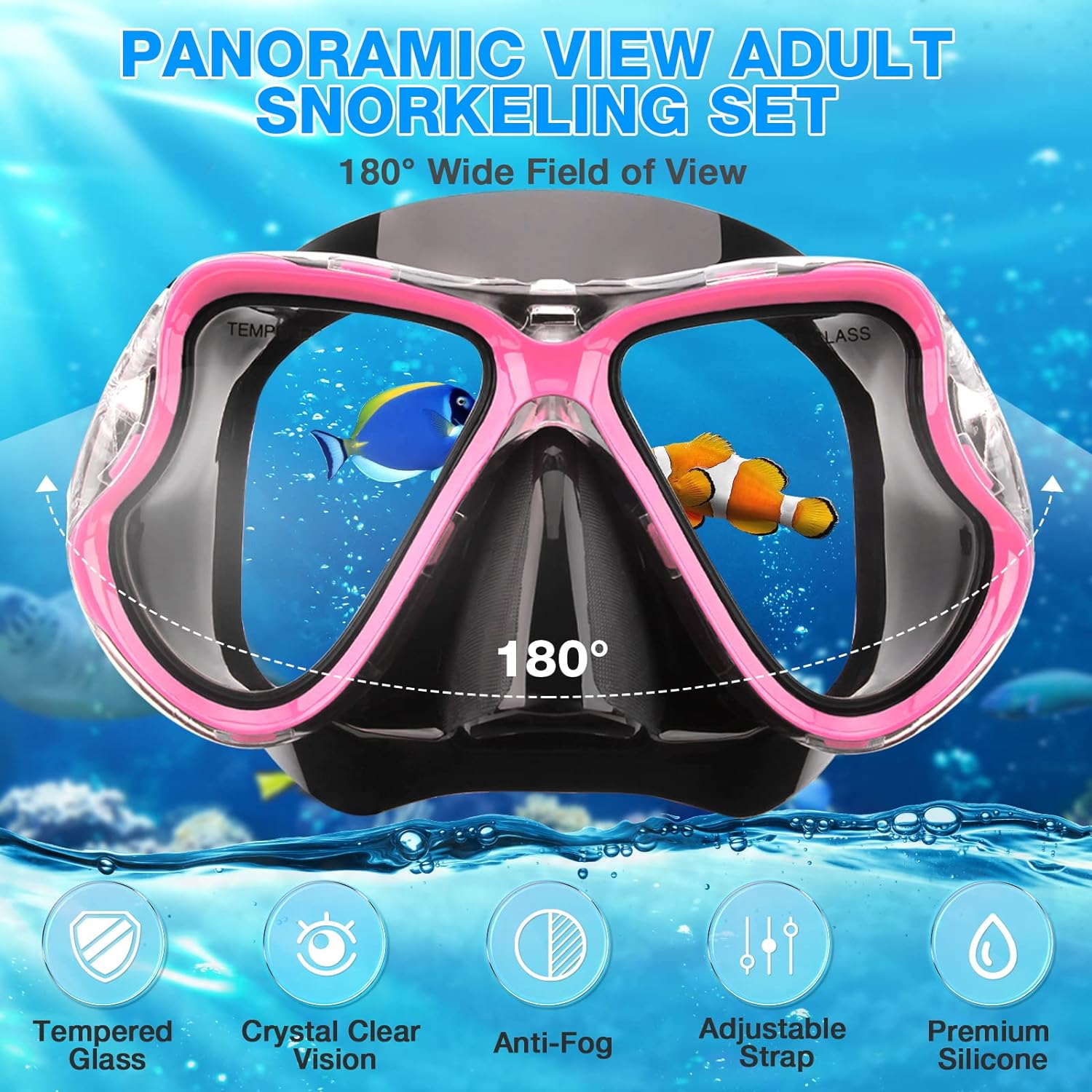 Snorkeling Gear for Adults Kids, Dry Snorkeling Set, Panoramic Anti-Leak and Anti-Fog Tempered Glass Lens, Adjustable Strap Snorkel Set with Mesh Bag Ear Plug for Snorkeling Scuba Diving Travel