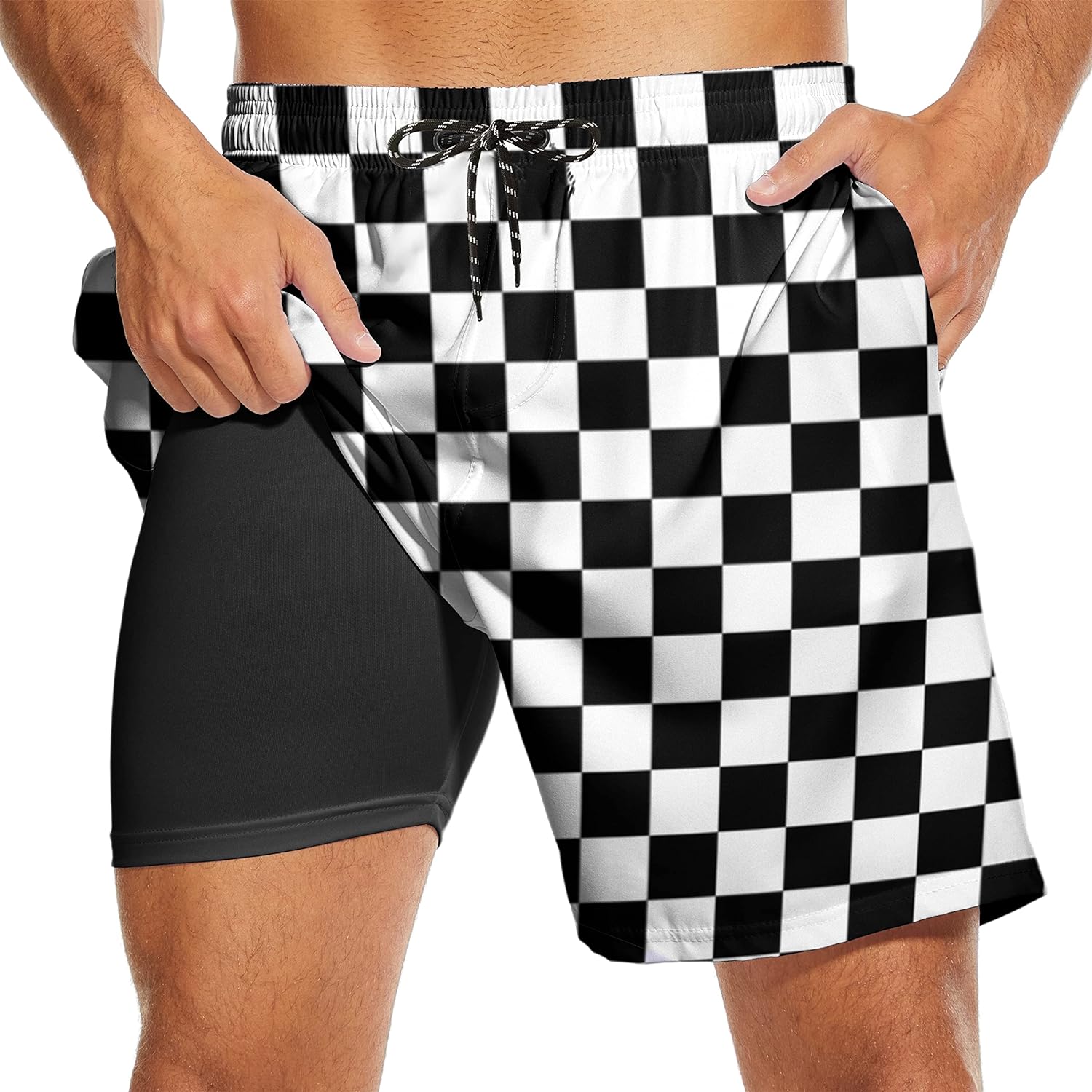 Men's Swim Trunks with Compression Liner Stretch Beach Board Shorts Drawstring Swimsuit 7 inch Inseam