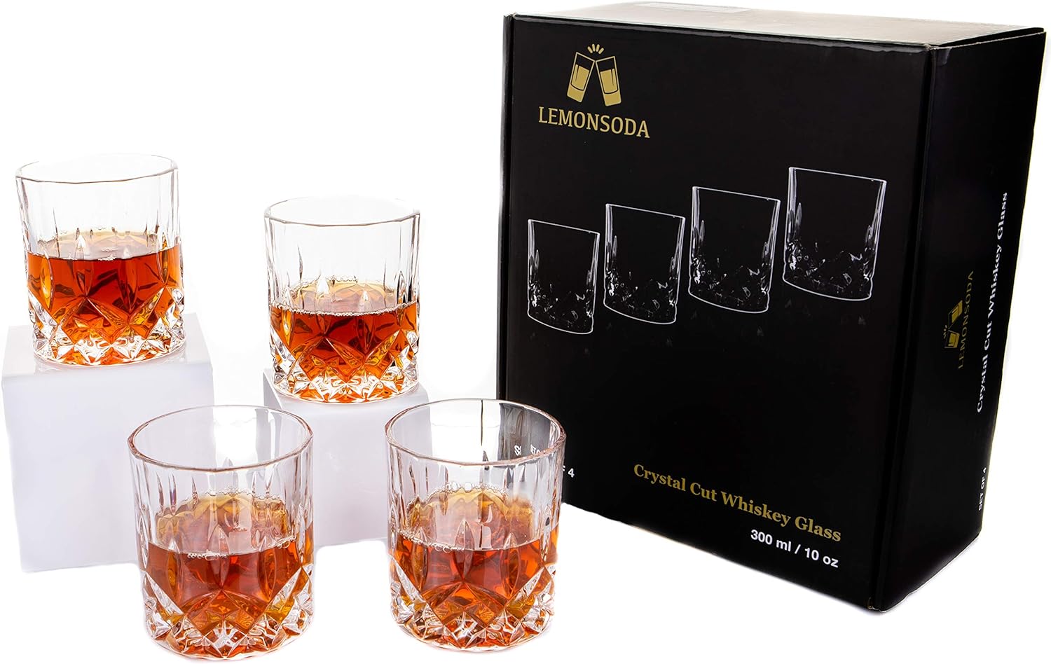 LEMONSODA Crystal Cut Old Fashioned Whiskey Glasses - Set of 4-10oz Ultra-Clear Premium Lead-Free Crystal Glass Tumbler For Drinking Bourbon, Scotch, Cocktails