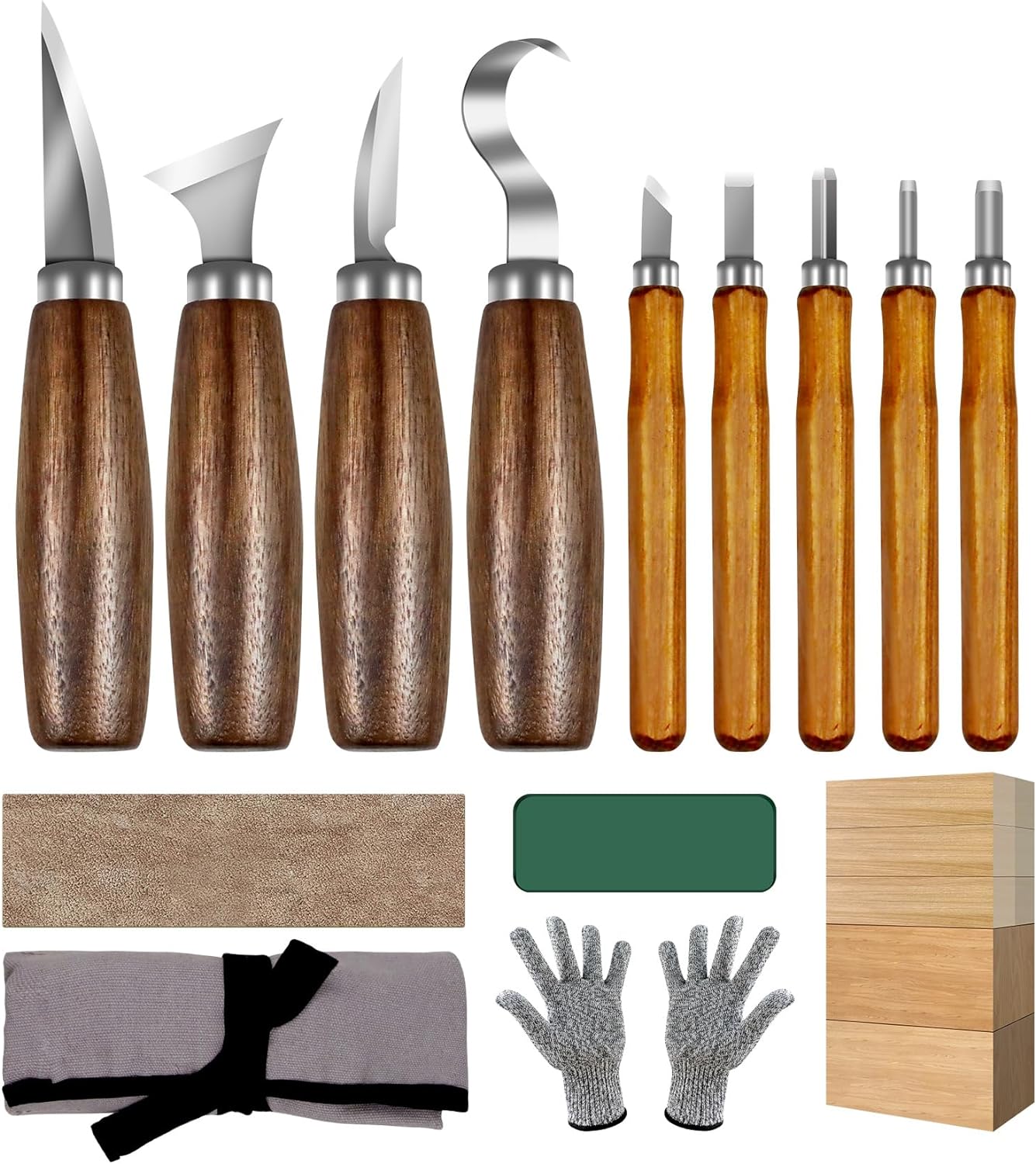 MACIFECI Wood Carving Tools 26 PCS Wood Carving Kit for Beginners with Detail Wood Carving Knife Set, Wood Whittling Knife Set, Blocks, Sharpener, Chisel Knife, Gloves, Wood Carving Kits for Adults