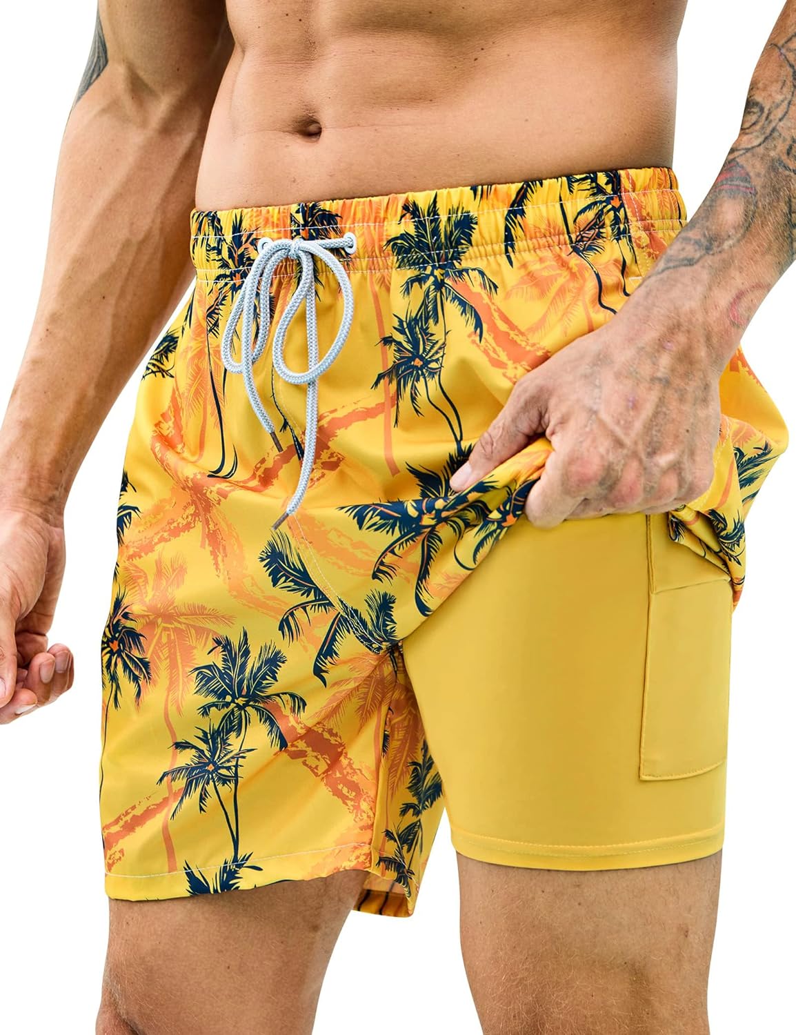 Mens Swim Trunks with Compression Liner 7 inch Inseam 2 Pack Quick Dry Stretch Beach Shorts Bathing Suits Swimwear