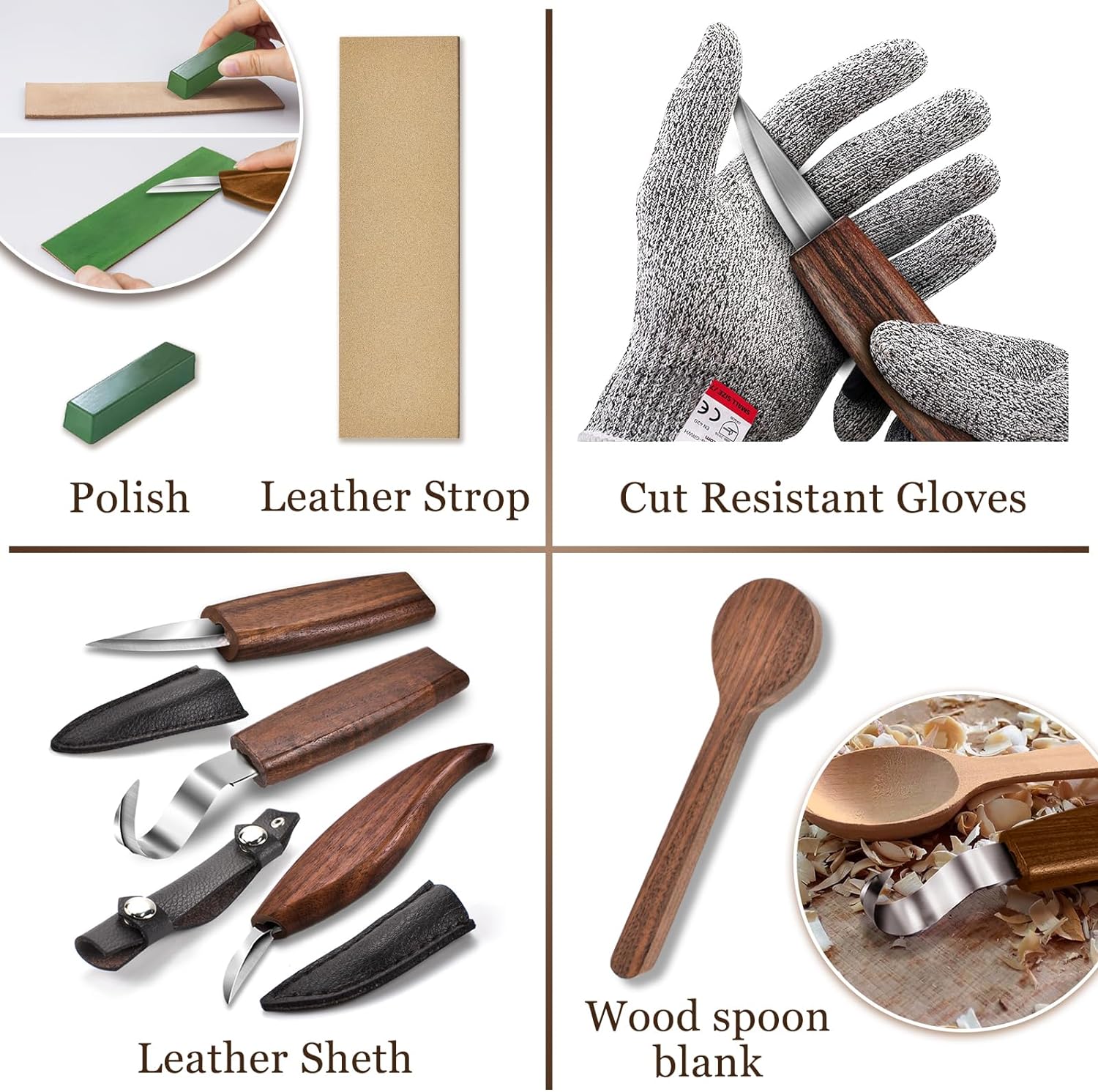 WAYCOM 12pcs Wood Whittling Kit Wood Carving Tools Set Hook Carving Knife,Detail Wood Knife,Whittling Knife Cut Resistant Gloves Leather Sheath And Bamboo Gift Box For Spoon,Bowl,Cup