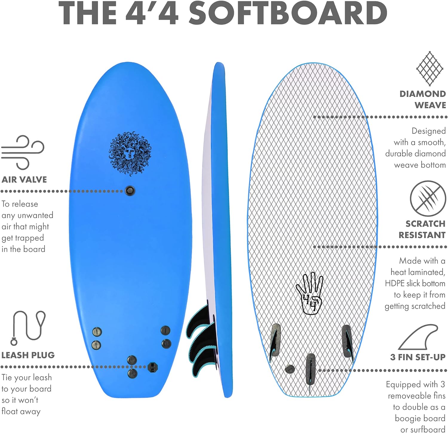 The 4-4 Surfboard for Beginners Kids and Adults - Soft Top Foam Surfboards for Beach – Surf as a Boogie Board Bodyboard or Softboard - Includes Fins and Leash