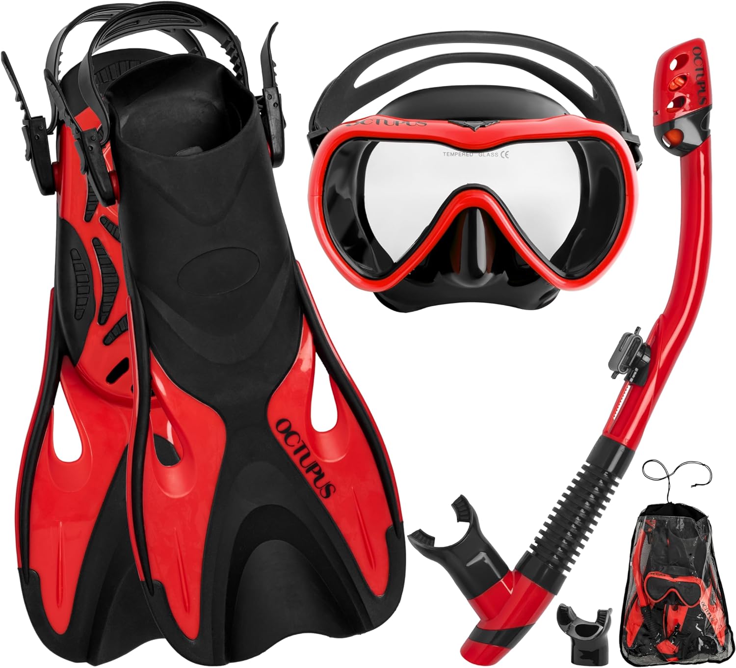 Snorkeling Equipment Set: Complete Snorkel Gear for Adults (S/M), RED - Includes Mask, Fins, Snorkel, Mesh Bag - Travel Sized Snorkel Set Package