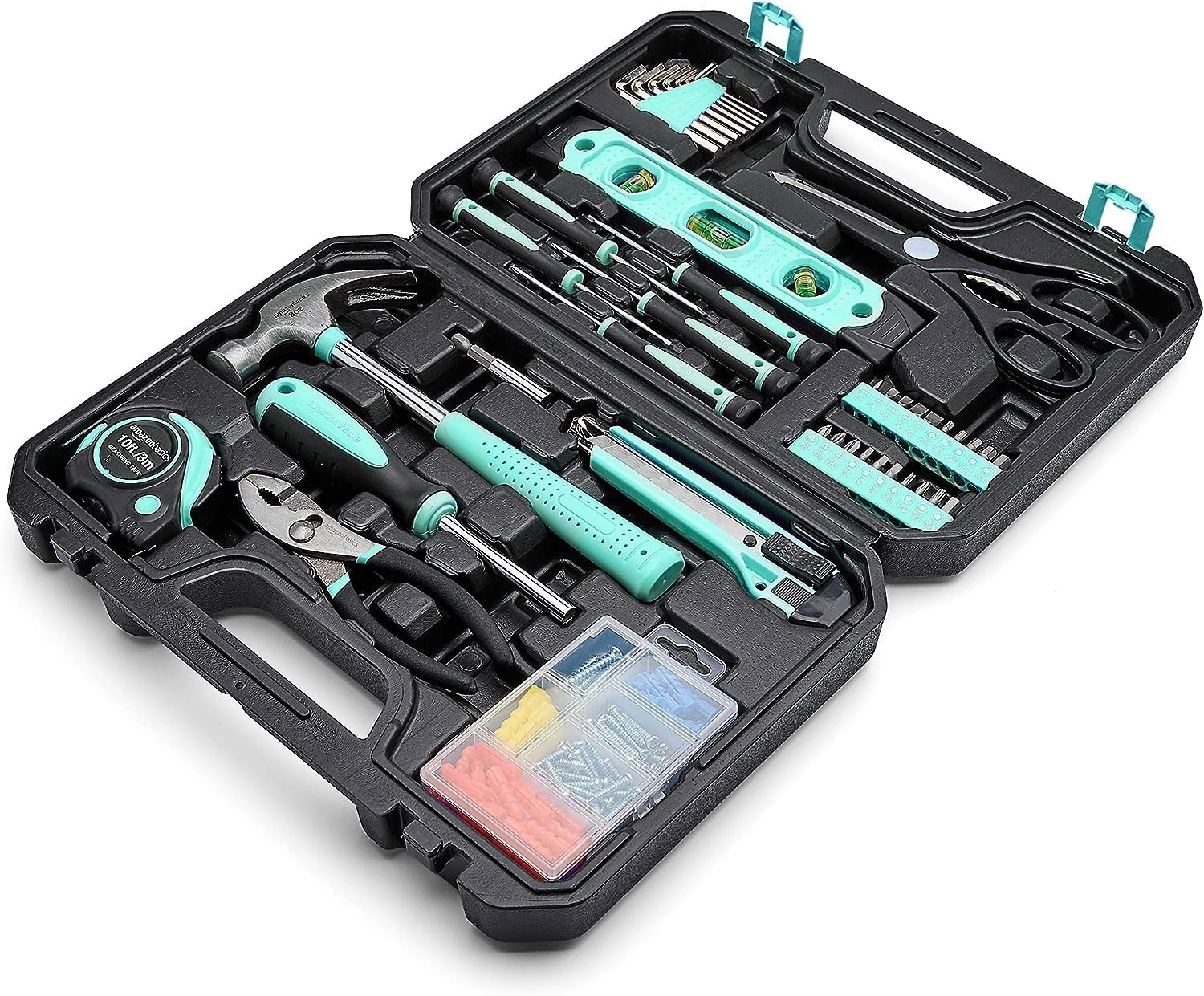 Amazon Basics Household Tool Kit With Storage Case, 142 Piece, Turquoise, 13.39 x 9.25 x 2.95 inch