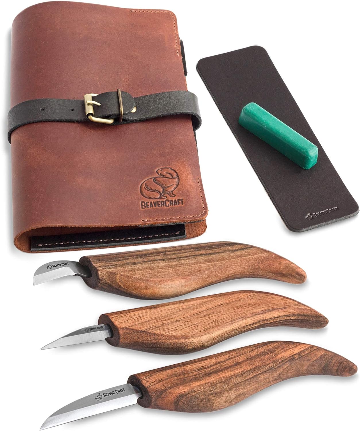 BeaverCraft Wood Carving Kit Deluxe Whittling Knives Set & Leather Strop for Carving Knife S15X Wood Carving Knives Set, Tools & Knife Strop with Polishing Compound Wood Whittling Kit and Leather Case