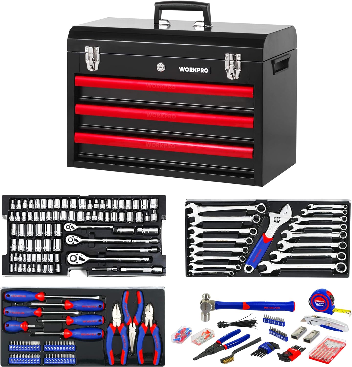 WORKPRO 408-Piece Mechanics Tool Set, General Household Home Repair Tool Kit with 3-Drawer Heavy Duty Metal Box, Hand Tool Kit Set 1 Pack