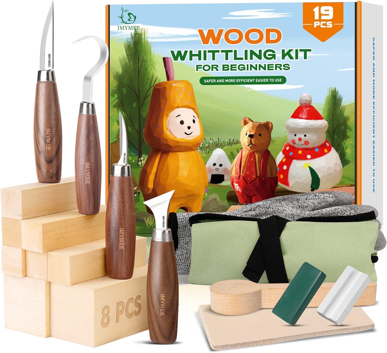 IMYMEE Wood Whittling Kit for Beginners-Complete Whittling Set with 4pcs Wood Carving Knives & 8pcs Basswood Wood Blocks-Perfect Wood Carving Kit Set-Includes Wood Carving Tools for Adults and Kids