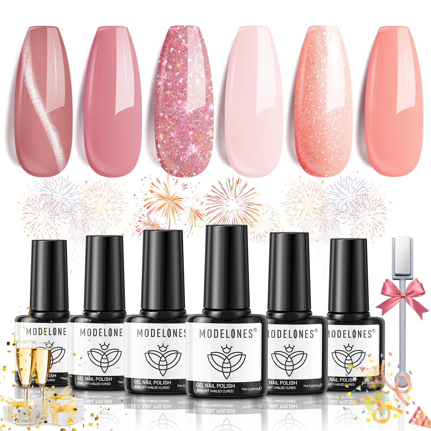 Modelones Gel Nail Polish Set, 6 Colors Neutral Nude Pink Gel Polish Shimmery Glitter Nail Gel Polish Summer Cat Eye Magnetic Nail Art Gel Kit Soak Off LED Manicure Salon DIY Home Gift for Girls Women