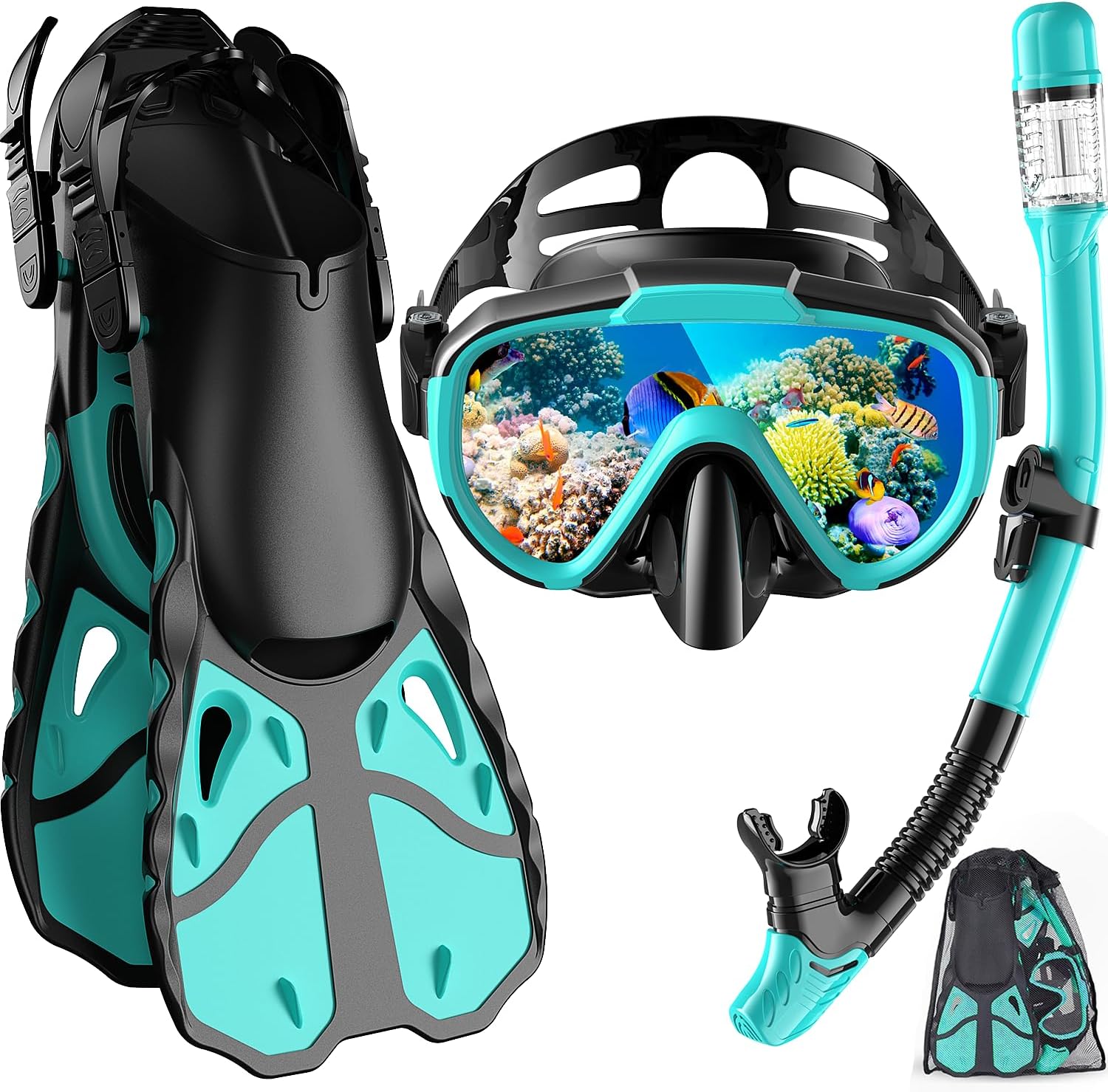 Snorkel Set with Fins for Adults, Mask Fins Snorkel Gear for Men and Women, Dry Top Snorkel Mask Snorkel Fins Combo Set with Travel Bag for Snorkeling, Diving, Swimming