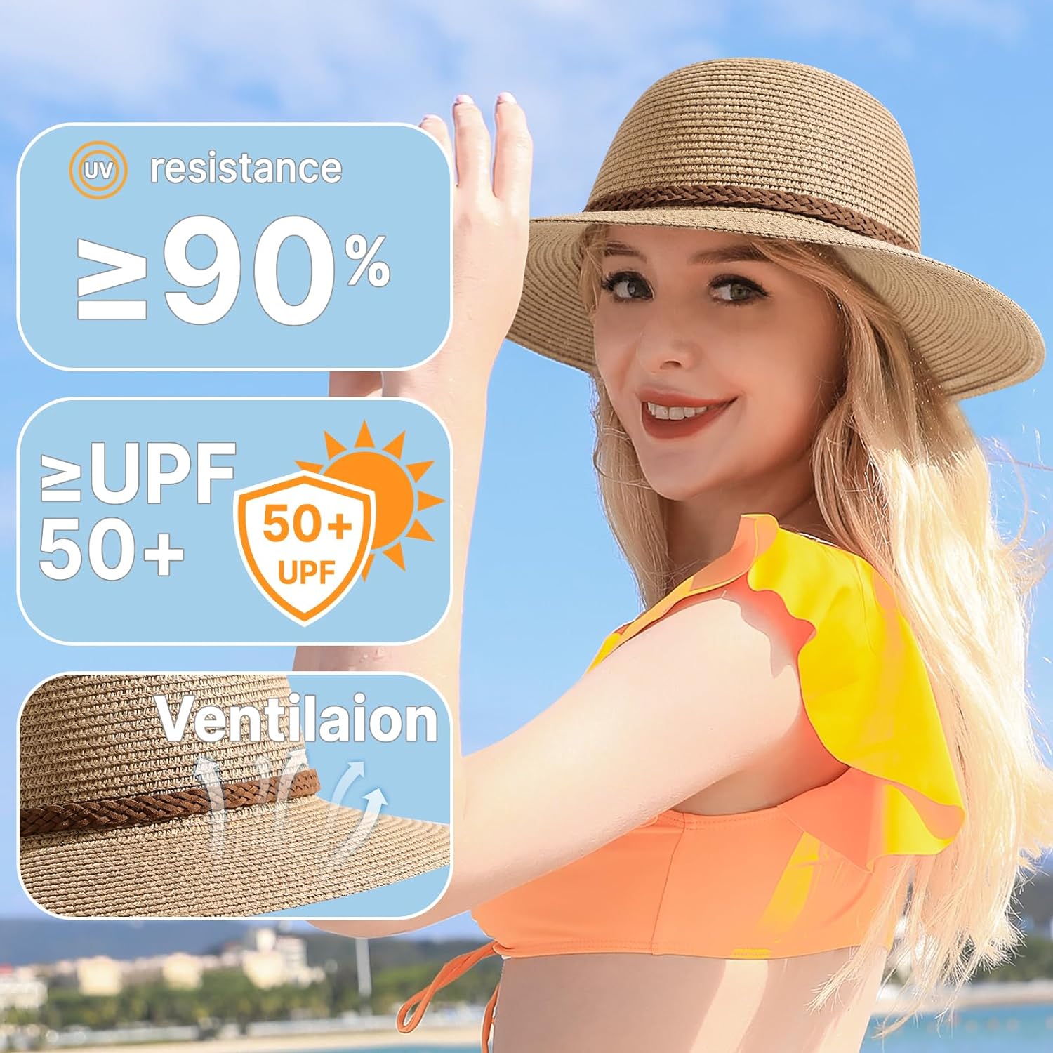 Beach Sun Straw Hats for Women, UPF 50+ UV Sun Protection Wide Brim Summer Straw Hat Foldable Packable Roll up Cap