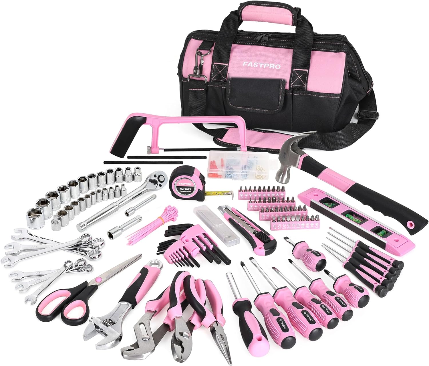 FASTPRO 267-Piece Pink Tool Set, Home Repairing Tool Kit with 13-Inch Wide Mouth Open Tool Bag, Mechanics Hand Tool Kit for DIY, Home Maintenance