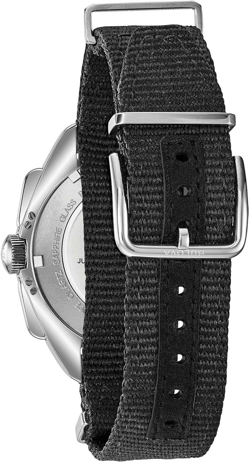 Bulova Men's Archive Series Lunar Pilot 6-Hand Chronograph High Performance Quartz Stainless Steel, Black NATO Strap and Sapphire Crystal Style: 96A225