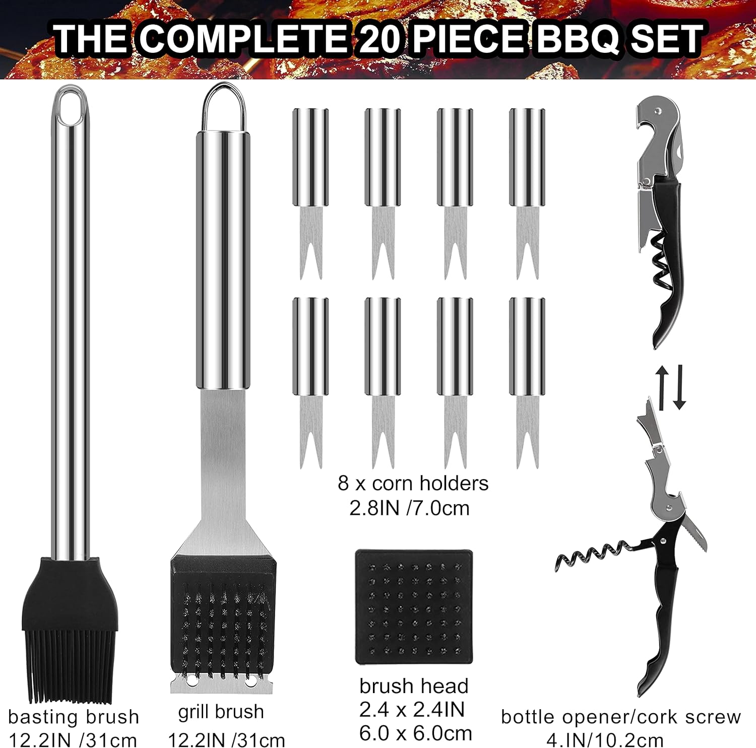 grilljoy 20PCS Heavy Duty BBQ Grill Tools Set - Extra Thick Stainless Steel Spatula, Fork& Tongs. Complete Barbecue Accessories Kit in Aluminum Storage Case - Perfect Grill Gifts for Men