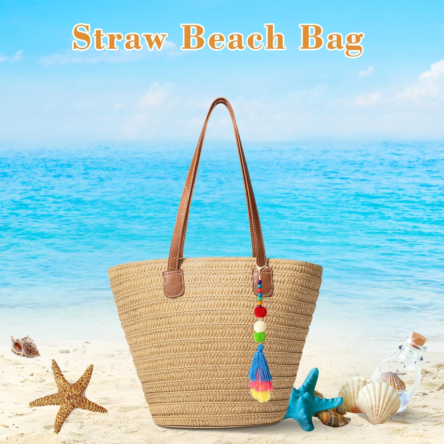 Trifabricy Beach Bag, Large Beach Bag for Women, Woven Straw Beach Tote Bag Waterproof, Weaving Swim Shopping Travel Bag