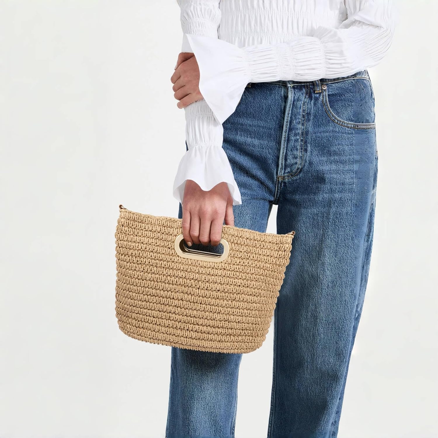 Straw Clutch Purses for Women - Summer Beach Woven Handbags - Top Handle Straw Clutch with Adjustable Shoulder Strap