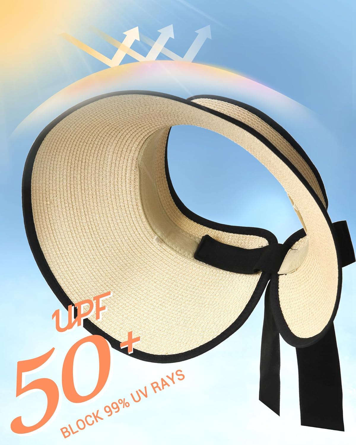 Camptrace UPF 50+ Sun Visors for Women Wide Brim Beach Hat Foldable Straw Visor Hat Ponytail Summer Packable