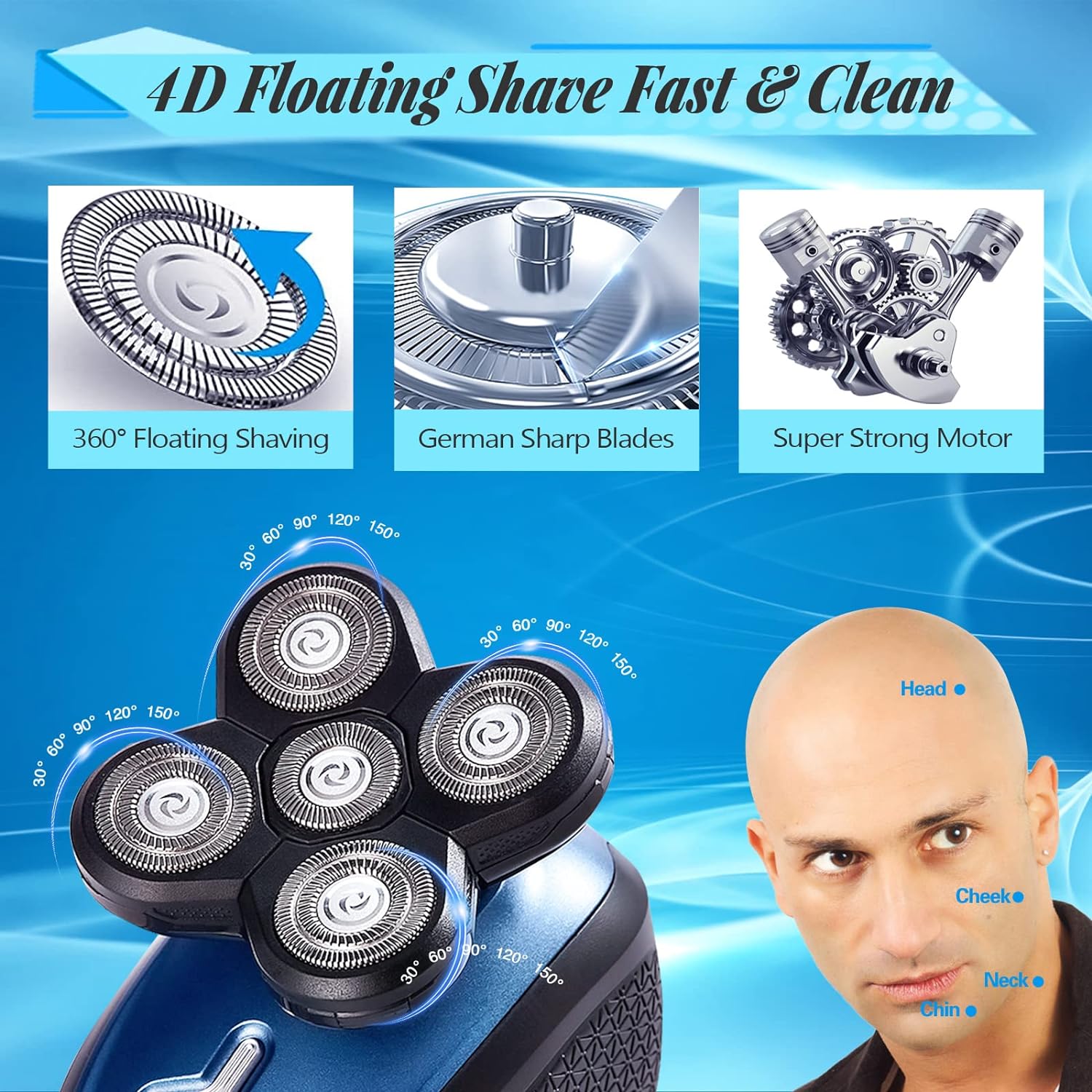 Head Shaver for Bald Men,5 in 1 Bald Head Shavers for Men Cordless, Waterproof Wet/Dry 5 Head Mens Electric Razor for Head Face Shaving, USB Mans Grooming Kit Rechargeable,Rotary Shaver Gift for Men