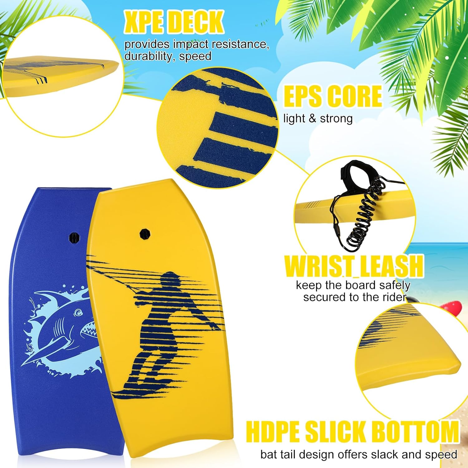 2 Pcs 41'' Body Boards for Beach, Lightweight PE Bodyboard Surfboards with EPS Core, Wrist Leash, XPE Deck and HDPE Slick Bottom for Kids Teens Adults Pool Surfing